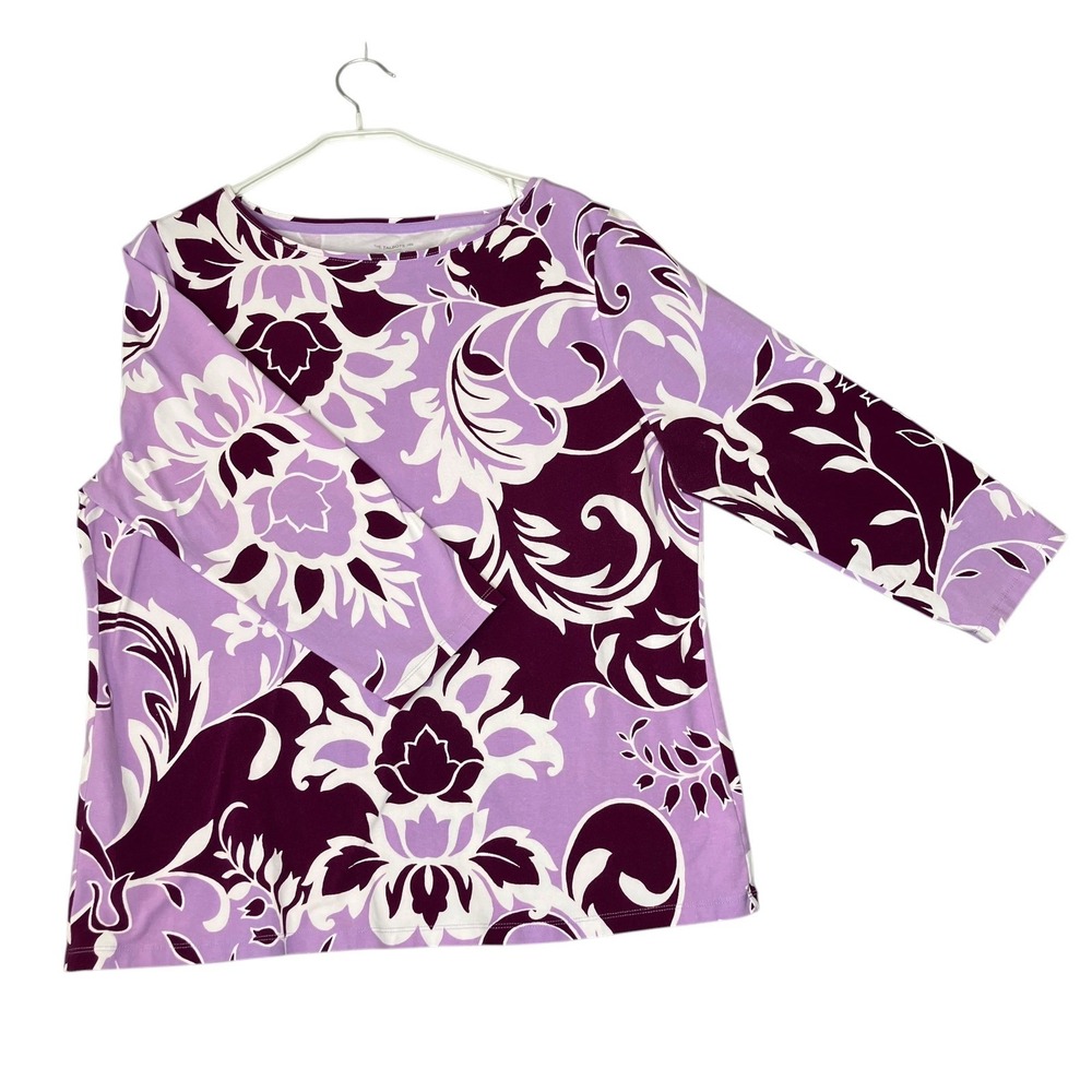 Talbots T-Shirt Women XL Purple Floral Boat Neck 3/4 Sleeve Cotton Blend Top